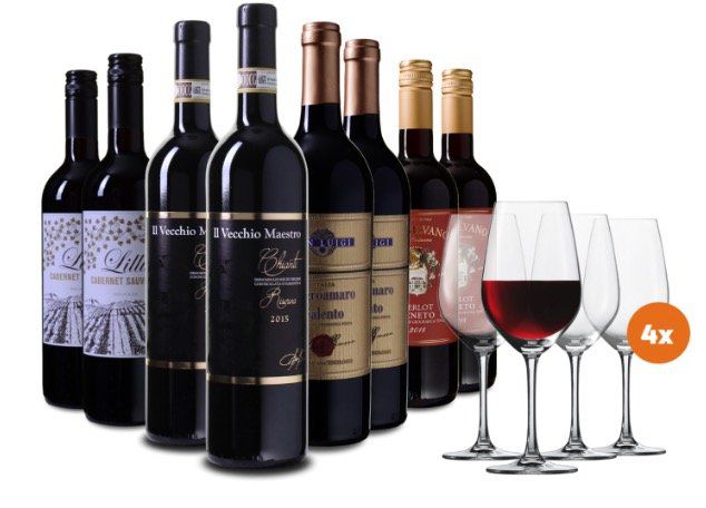 8 Flaschen Wein Probierpaket aus Italien + 4 Weingläser für 69,99€