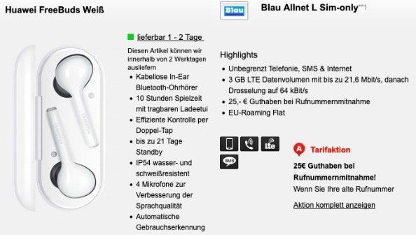 🔥 Huawei FreeBuds für 4,95€ (statt 100€) mit Blau.de Allnet Flat im O2 Netz mit SMS und 3GB LTE mtl. 7,99€