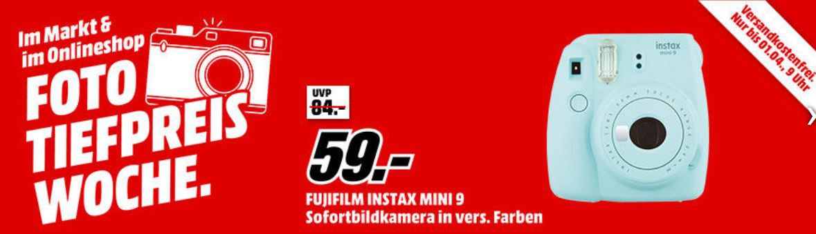 MM Top Foto Tiefpreiswoche: z.B.: FUJIFILM Instax Mini 9 Sofortbildkamera div. Farben für 59€ (statt 65€)