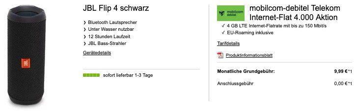 MD Datenflat im Telekom Netz mit 4GB LTE mtl. 9,99€   dazu z.B. JBL Flip 4 für 4,95€ (statt 80€)