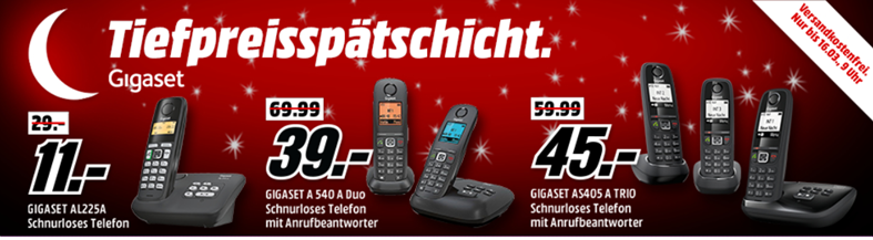 Media Markt Gigaset Tiefpreisspätschicht   günstige Schnurlostelefone   z.B. GIGASET AS405A DUO Schnurlostelefon für 44, € (statt 60€)