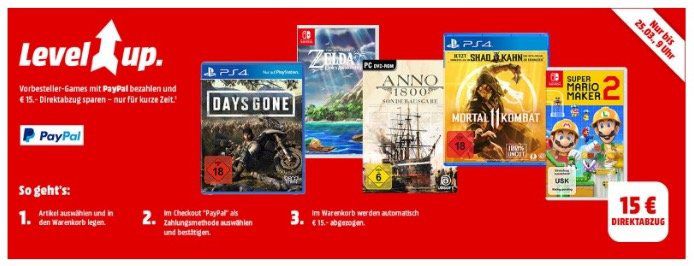 Saturn & MediaMarkt: 15€ Direktabzug bei ausgewählten Games bei Paypal z.B. Zelda: Links Awakening nur 49,99€ (statt 66€)