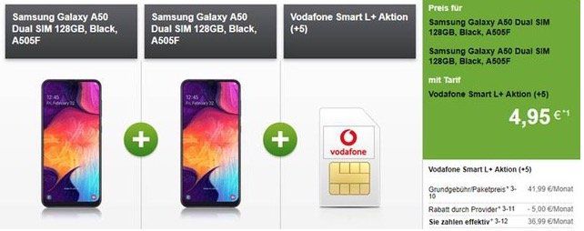 📱 2x Samsung Galaxy A50 für 4,95€ + Vodafone Allnet Flat mit 7GB LTE für 36,99€ mtl.