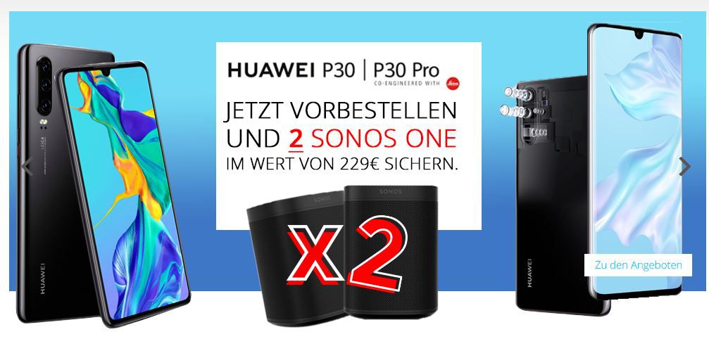 Huawei P30 Pro für 99€ + gratis 2x Sonos One (Wert 400€) + Vodafone Allnet Flat mit 11GB LTE Max für 46,99€