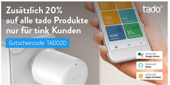 🔥 Tink mit 20% Sofortrabatt auf Tado° Smarthome Artikel   z.B. 3er Set Thermostate für 139,96€ (statt 200€)