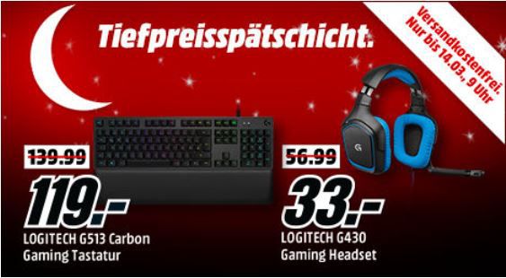 Media Markt Gaming Tiefpreisspätschicht   z.B. LOGITECH G213 Gaming LED Tastatur für 44€ (statt 53€)