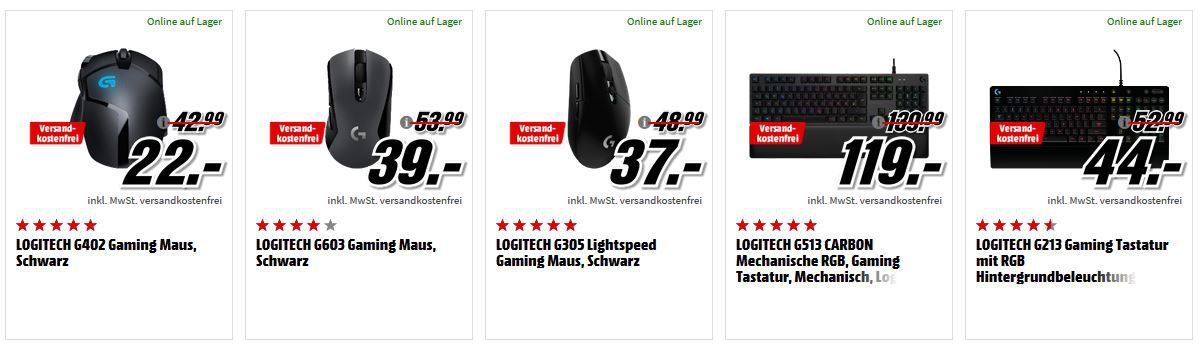 Media Markt Gaming Tiefpreisspätschicht   z.B. LOGITECH G213 Gaming LED Tastatur für 44€ (statt 53€)