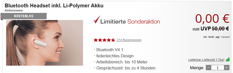 Bluetooth Headset + 2 Gratisartikel bei Druckerzubehoer.de für 5,97€