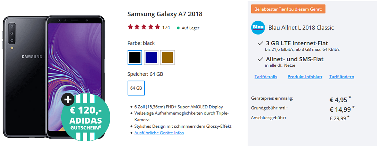 Samsung Galaxy A7 2018 + 120€ adidas Gutschein für 4,95€ + Blau Allnet L Classic mit 3 GB LTE Datenvolumen für 14,99€ mtl.