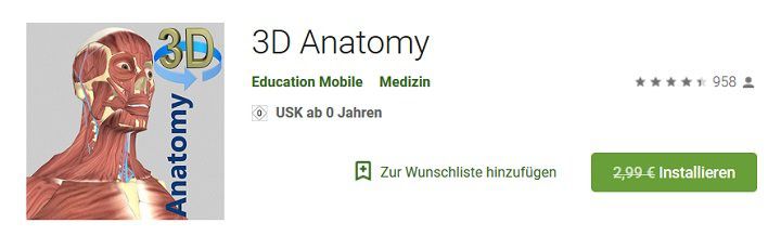 Abgelaufen! Android  & iOS App: 3D Anatomy kostenlos (statt 2,99€ oder 4,49€)