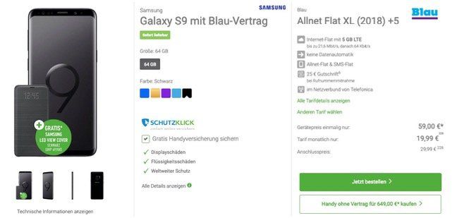 Galaxy S9 + LED View Cover + 120€ adidas Gutschein für 59€ + Blau Allnet Flat im O2 Netz mit 5GB LTE für 19,99€