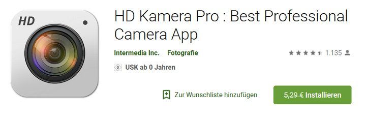 Android App: HD Kamera Pro : Best Professional Camera App gratis (statt 5,29)