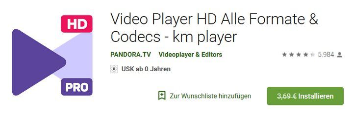 Android: Video Player HD Alle Formate & Codecs   km player gratis (statt 3,69€)