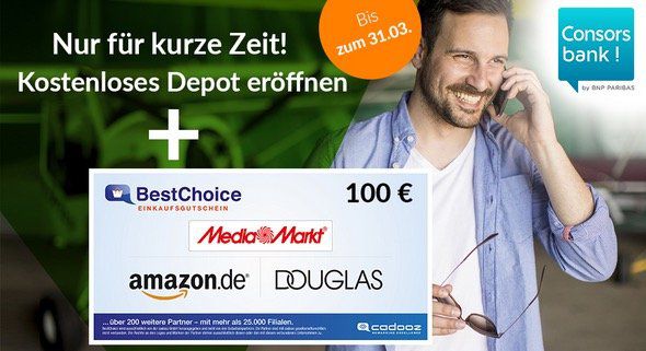 Consorsbank: Konsteloses Trader Konto mit 100€ BestChoice Gutschein   ab 3,95€ pro Trade