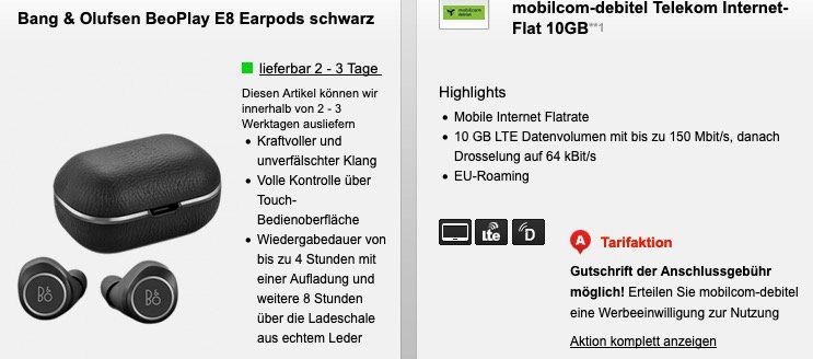 BeoPlay E8 Earpods oder JBL Extreme für 29,95€ + Telekom 10GB LTE Datentarif von mobilcom für 15,99€ mtl.