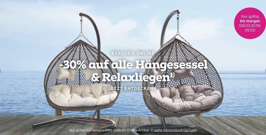 Mömax heute Nacht mit 30% Rabatt auf alle Hängesessel und Relaxliegen