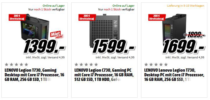 Media Markt Lenovo Gaming Notebooks & PCs mit 200 € Direktabzug   z.B. LENOVO Legion T730 Gaming Desktop für 1.199€ (statt 1.399€)