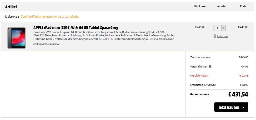 Bis Mitternacht: Apple Artikel 5% Rabatt bei Media Markt Club Card   z. B. NEW Apple iPad mini (2019) ab 426,55€