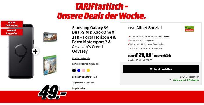 🔥 Samsung Galaxy S9 + Xbox One X + 3 Games für 49€ + Vodafone Allnet Flat 8GB für 29,99€ mtl.