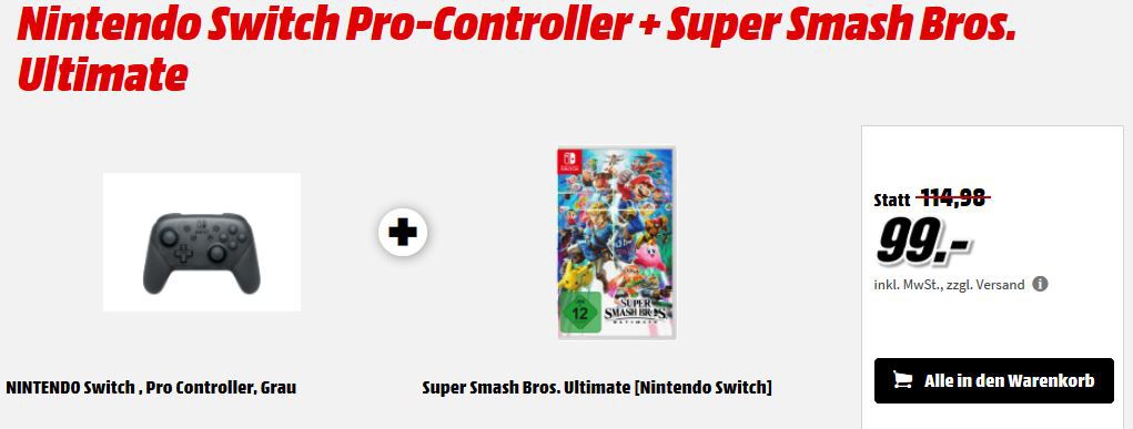 Nintendo Switch Pro Controller + Spiel z.B. New Super Mario Bros. für 99€ (statt 116€)