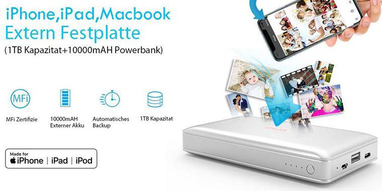 2in1 iDiskk Powerbank (10.000mAh) & 1TB externe HDD (MFi zertifiziert) mit USB 3.0 für 90,99€ (statt 130€)