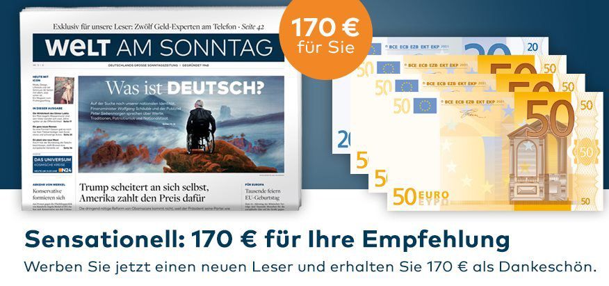 Welt am Sonntag Jahresabo für 239,20€ + Prämie: 170€ Scheck