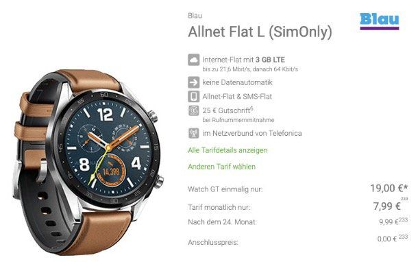 Huawei Watch GT Classic für nur 19€ + o2 Allnet Flat von Blau mit 3GB LTE für nur 7,99€ mtl.