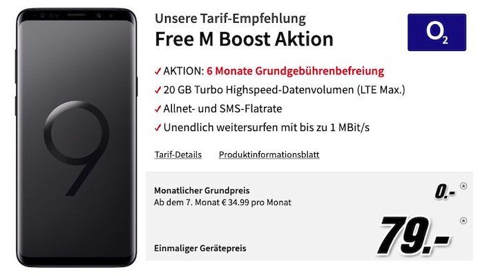 Samsung Galaxy S9+ für 79€ + o2 Allnet Flat mit 20GB LTE für 34,99€ mtl. + 6 Monate keine Grundgebühr!