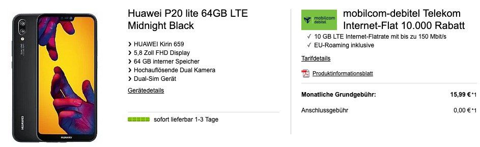 Huawei P20 lite für 49€ + Telekom 10GB LTE Datentarif für 15,99€ mtl.