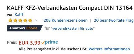 Wieder da! Kalff KFZ Verbandkasten Compact DIN 13164 mit Erste Hilfe Broschüre ab 3,99€ (statt 9€)