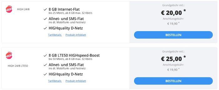 Sparhandy HIGH LTE Tarife im Telekom Netz   z.B. Allnet Flat mit 8GB LTE nur 25€ mtl.