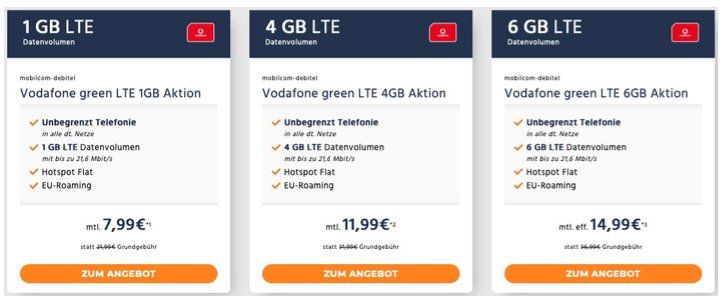 Vodafone Green LTE Tarife von mobilcom   1GB für 7,99€   4GB für 11,99€   6GB für 14,99€
