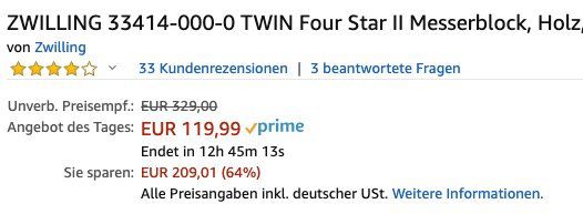 Zwilling Twin Four Star II Messerblock 7 tlg. in Natur für 119,99€ (statt 190€)