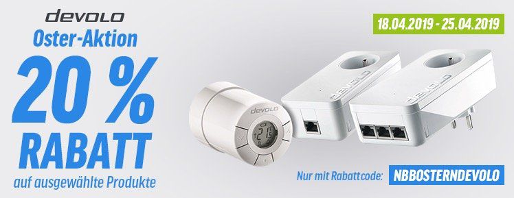 20% Rabatt auf Netzwerk Produkte von devolo   z.B. devolo dLAN 1000 duo+ Starter Kit für 64€ (statt 80€)