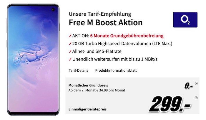 Samsung Galaxy S10 für 299€ + o2 Free M mit 20GB LTE für 34,99€   6 Monate keine Grundgebühr!