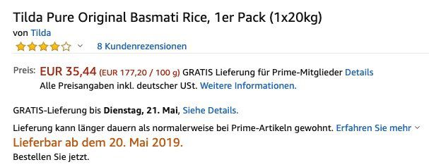 20kg Tilda Pure Original Basmati Reis ab 33,67€ (statt 59€)