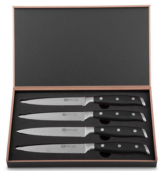 Steakmesser Set 4teilig aus Edelstahl mit Wellenschliff in schwarzer Holzbox für 10,90€ (statt 30€)
