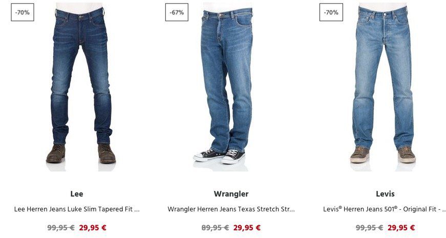 Marken Jeans von Mustang, Levis und Co. für 29,95€ + keine VSK + 20% Gutschein   z.B. Wrangler Jeans für 23,96€