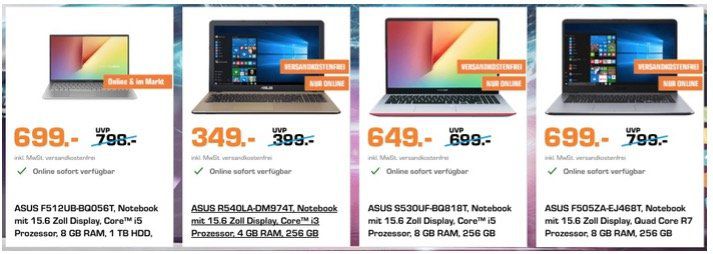 Saturn: Asus Notebook Deals z.B. Asus FX705DY für 799€ (statt 904€)