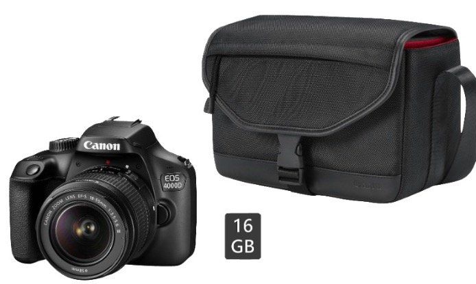 Canon EOS 4000D + 18 55mm Objektiv + Tasche + Speicherkarte für 199€ (statt 281€)