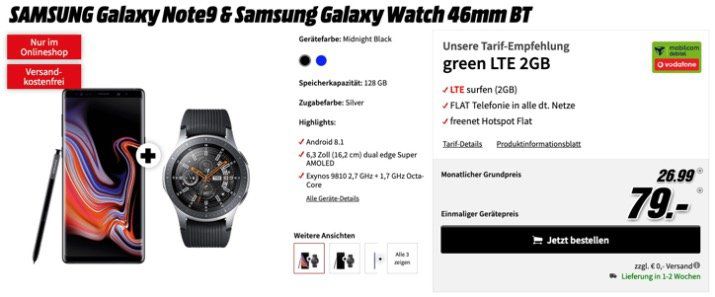 🔥 Galaxy Note 9 + Galaxy Watch 46mm für 79€ mit Vodafone Allnet Flat mit 2GB LTE  für 26,99€ mtl.