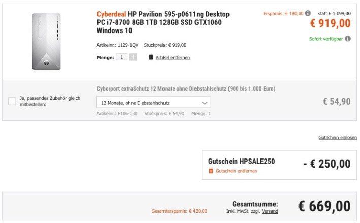 🔥 HP Pavilion Desktop PC mit Core i7, 8GB, 1TB mit 128GB SSD, GTX1060 und Win10 für 669€ (statt 888€)