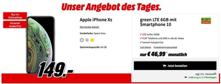 Apple iPhone XS für 149€ mit Vodafone Allnet Flat, SMS und 6GB LTE für 46,99€ monatlich