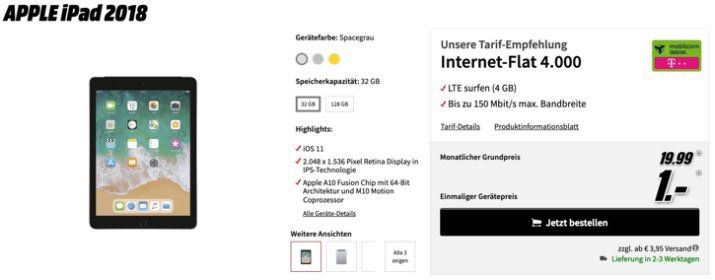 Apple iPad LTE 2018 32GB + Telekom LTE Datentarif mit 4GB LTE für 19,99€ mtl.   oder Vodafone mit 5GB LTE