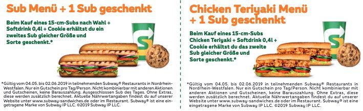 Subway Gutscheine z.B. Sub Menü mit 1 Sub Gratis   oder große Cola zu verschiedenen Wraps