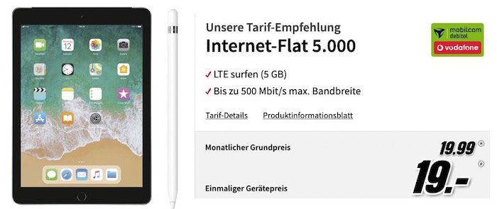 iPad 2018 LTE mit 32GB + Apple Pencil für 4,99€ + Vodafone 5GB LTE Datenflat für 19,99€ mtl.