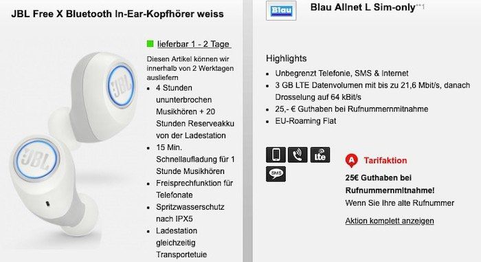 JBL Free X für 39,95€ (statt 109€) + o2 Allnet L mit 3GB LTE für 8,99€