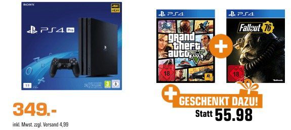 PlayStation 4 Pro 1TB + GTA 5 + Fallout 76 ab 349€ (statt 413€)