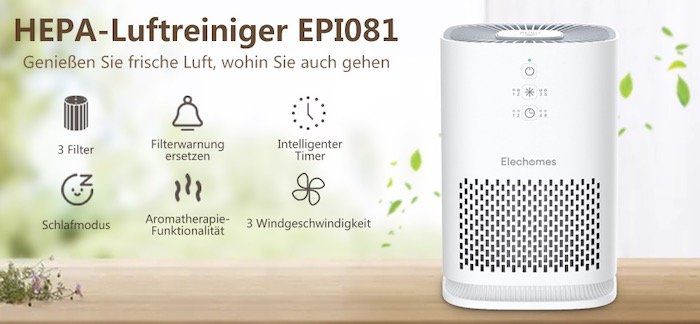 Elechomes Luftreiniger EPI081 mit HEPA Filter z.B. für Allergiker im Schlafzimmer für 59,99€ (statt 80€)