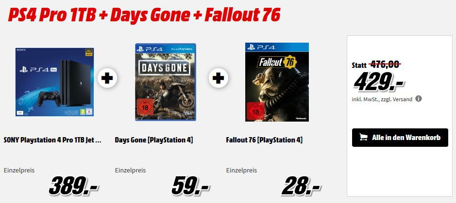 Media Markt PS 4 Konsolen & Contoller Bundle Aktion : z.B. PS4 Slim 1TB + Days Gone für 335, € (statt 388€)